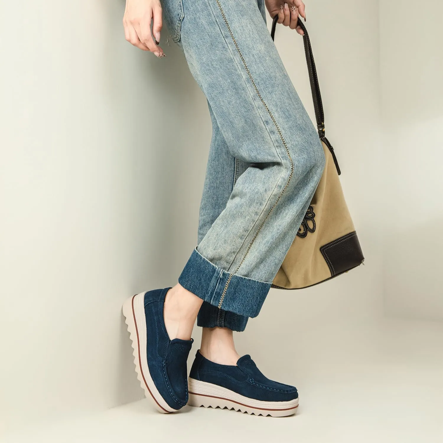 Veroders Women's Suede Wedge Loafers Slip-On Comfortable Penny Loafers Thick Soft Platform Shoes Business Work Walking