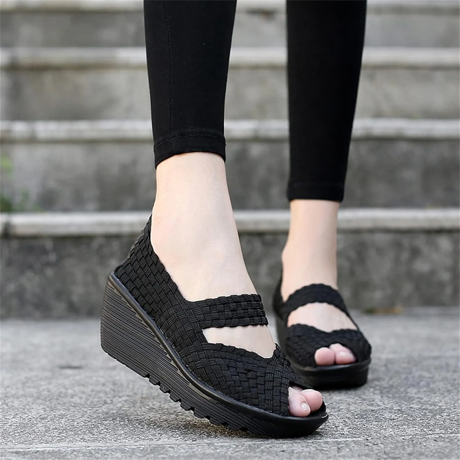 Veroders Women's Woven Elastic Open-Toe Sandals Platform Wedge Sandals for Women Slip-On Wedge Woven Pumps Shoes