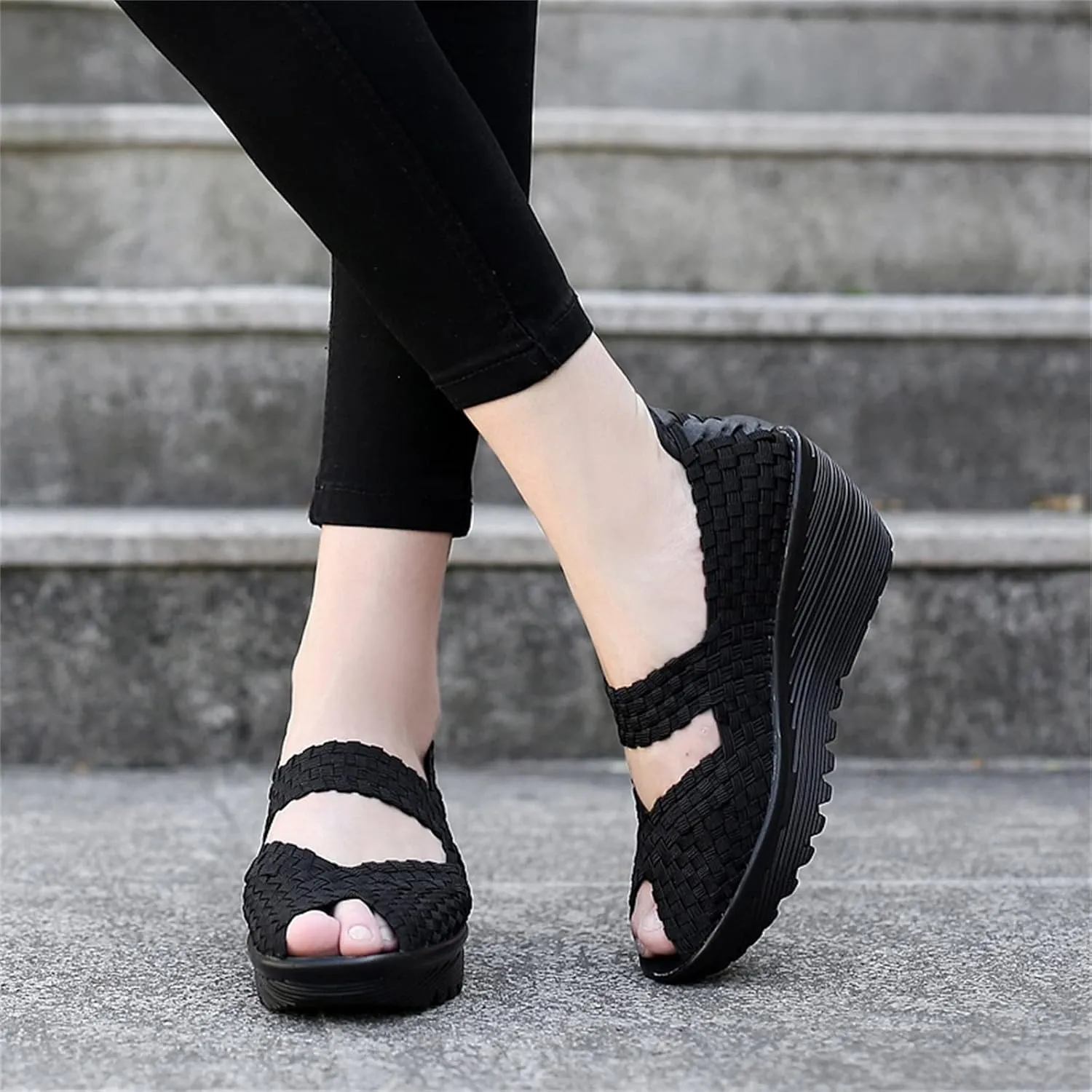 Veroders Women's Woven Elastic Open-Toe Sandals Platform Wedge Sandals for Women Slip-On Wedge Woven Pumps Shoes