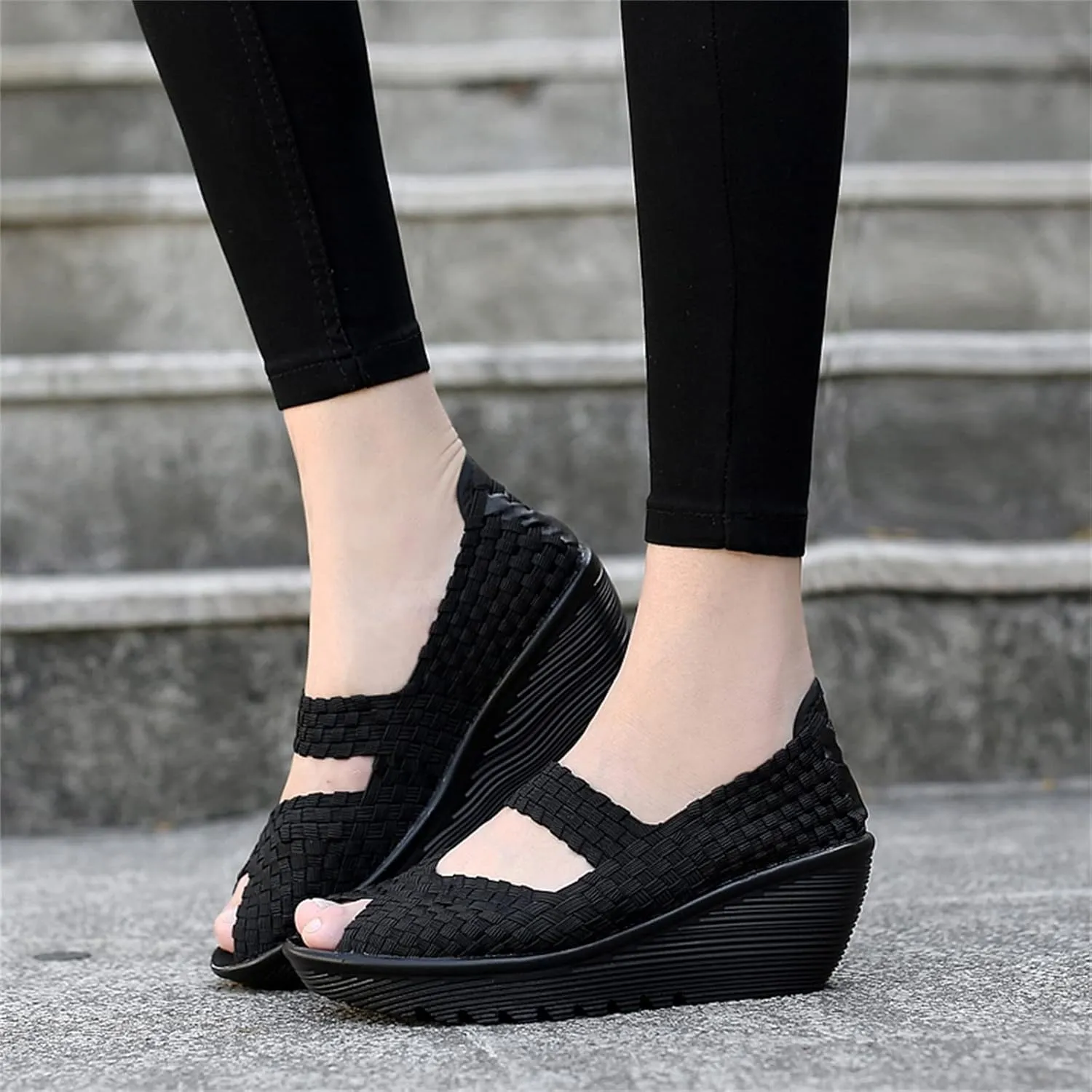 Veroders Women's Woven Elastic Open-Toe Sandals Platform Wedge Sandals for Women Slip-On Wedge Woven Pumps Shoes