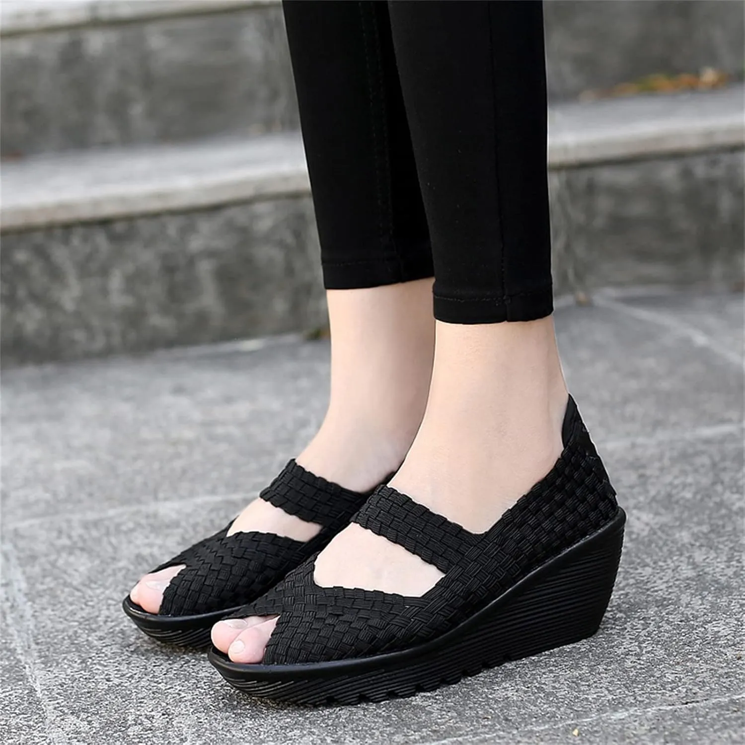 Veroders Women's Woven Elastic Open-Toe Sandals Platform Wedge Sandals for Women Slip-On Wedge Woven Pumps Shoes