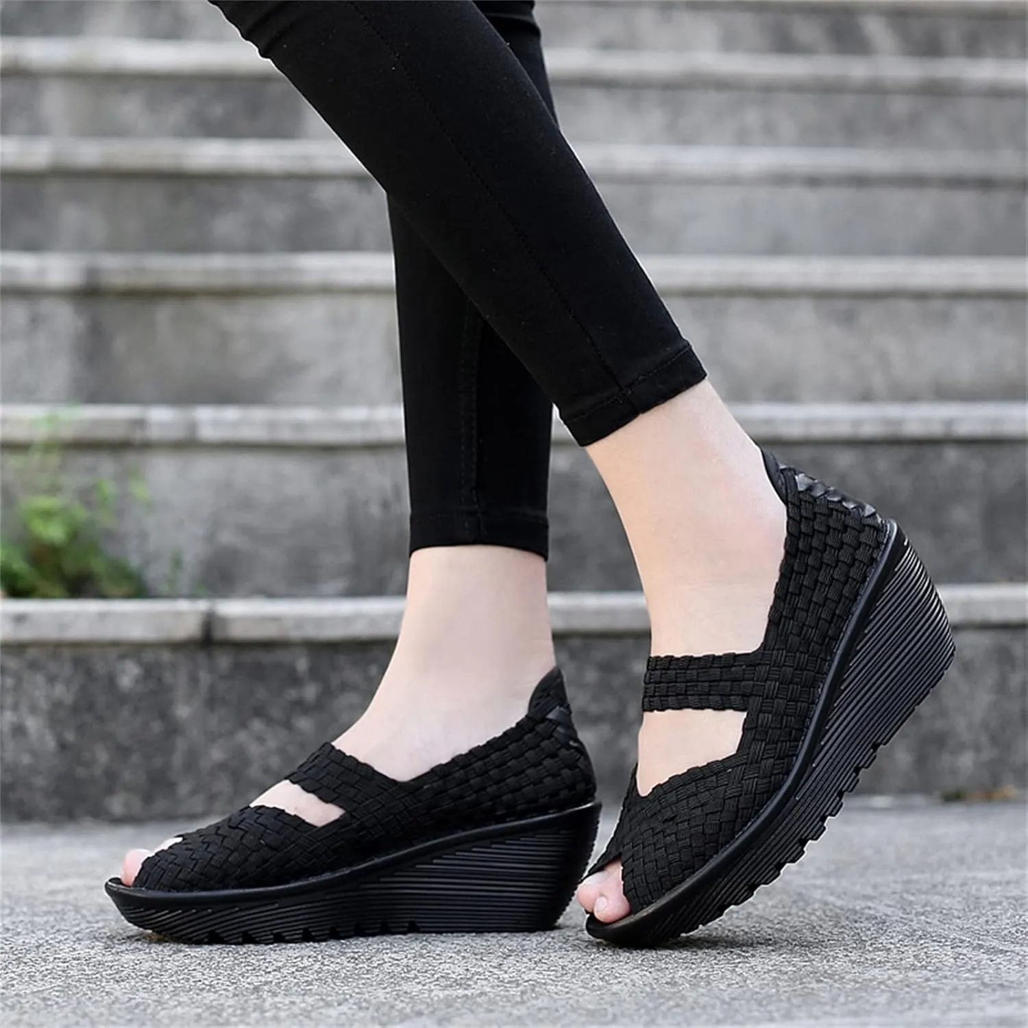 Veroders Women's Woven Elastic Open-Toe Sandals Platform Wedge Sandals for Women Slip-On Wedge Woven Pumps Shoes