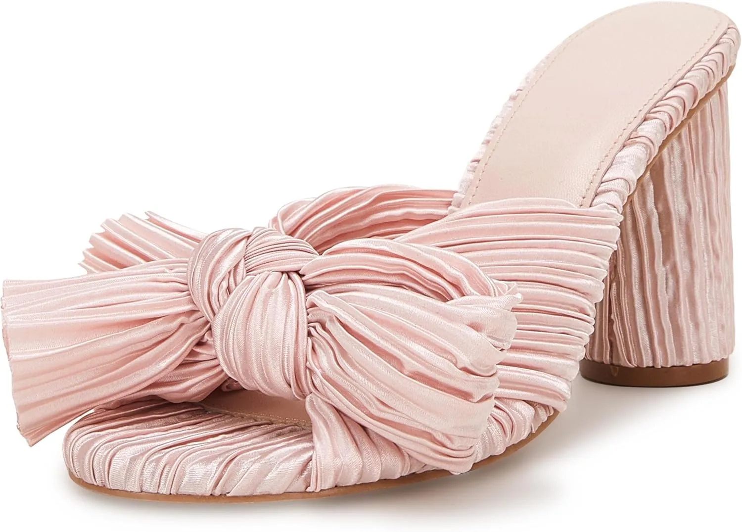 VETASTE Women's Pleated Bow Knot Heeled Sandals Comfortable Slip On Open Toe Block Chunky Heel Slides Bridal Wedding Dress Shoes