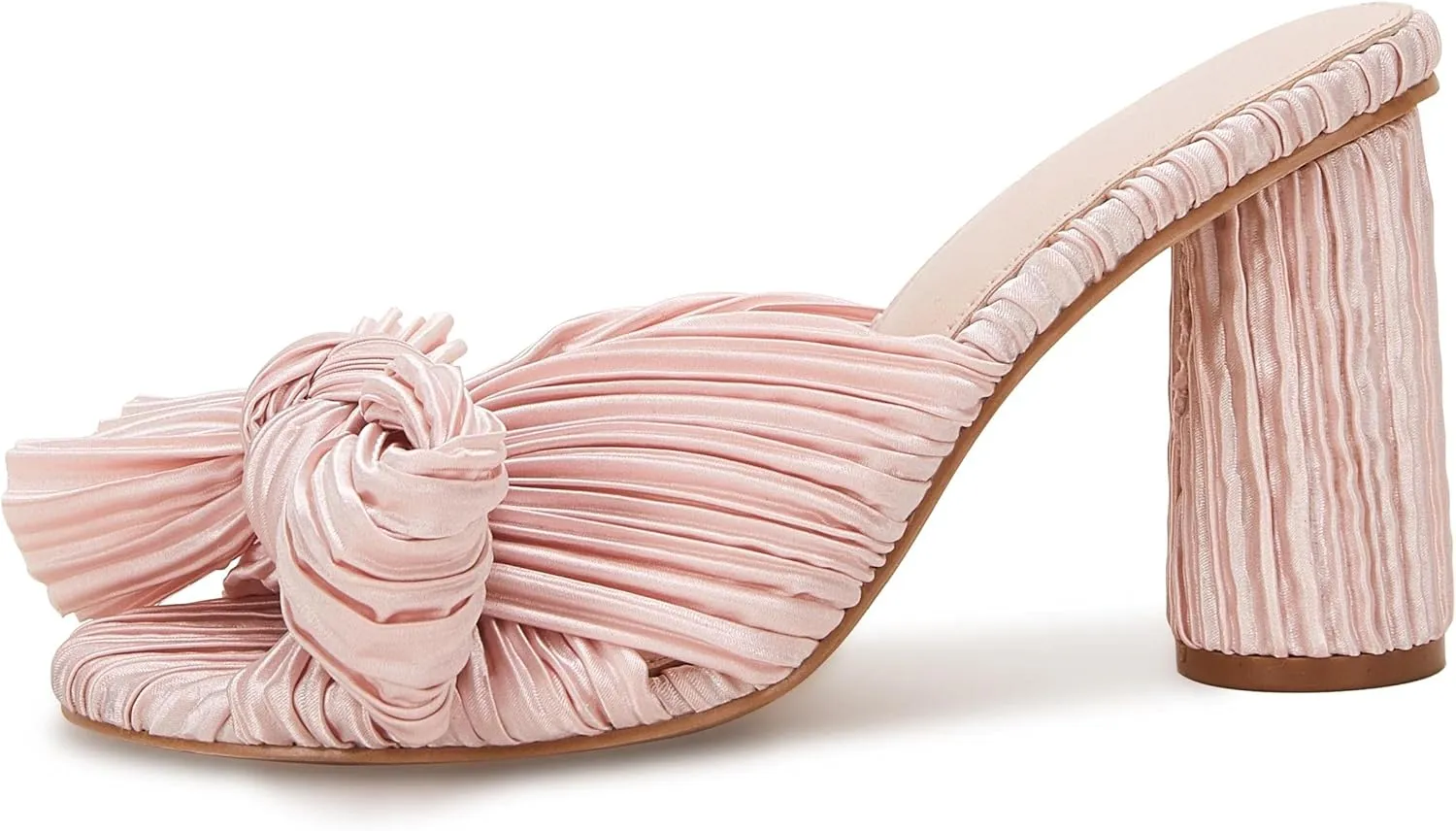 VETASTE Women's Pleated Bow Knot Heeled Sandals Comfortable Slip On Open Toe Block Chunky Heel Slides Bridal Wedding Dress Shoes