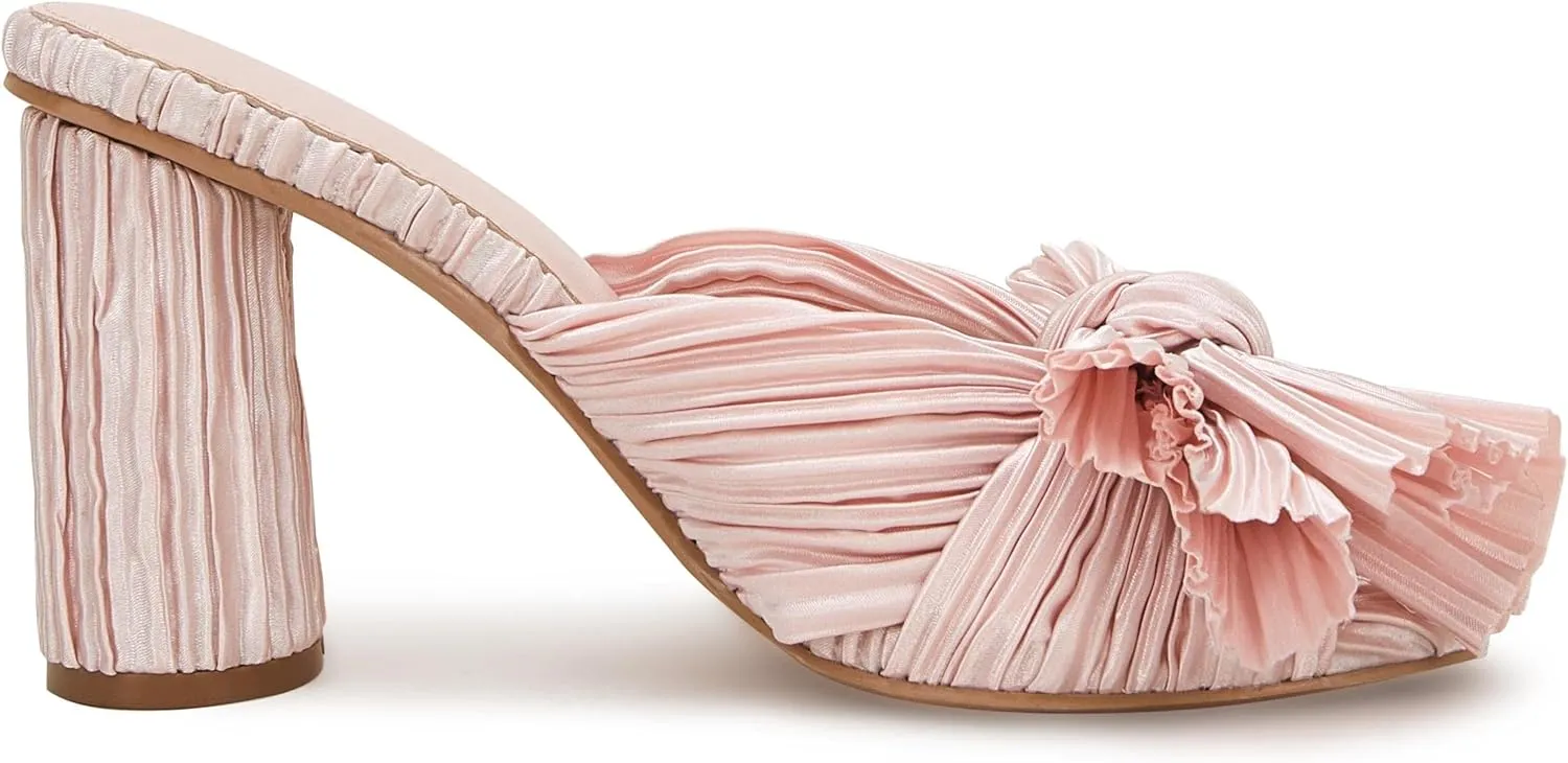 VETASTE Women's Pleated Bow Knot Heeled Sandals Comfortable Slip On Open Toe Block Chunky Heel Slides Bridal Wedding Dress Shoes