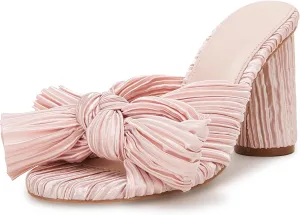 VETASTE Women's Pleated Bow Knot Heeled Sandals Comfortable Slip On Open Toe Block Chunky Heel Slides Bridal Wedding Dress Shoes