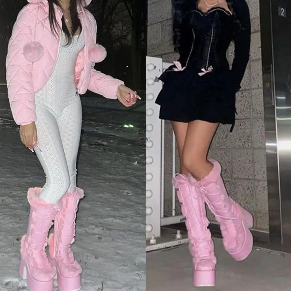 VIMISAOI Womens Mid Calf Boots, Lace Up Zip Block Chunky High Heel Punk Goth Warm Fur Winter Snow Platform Boots