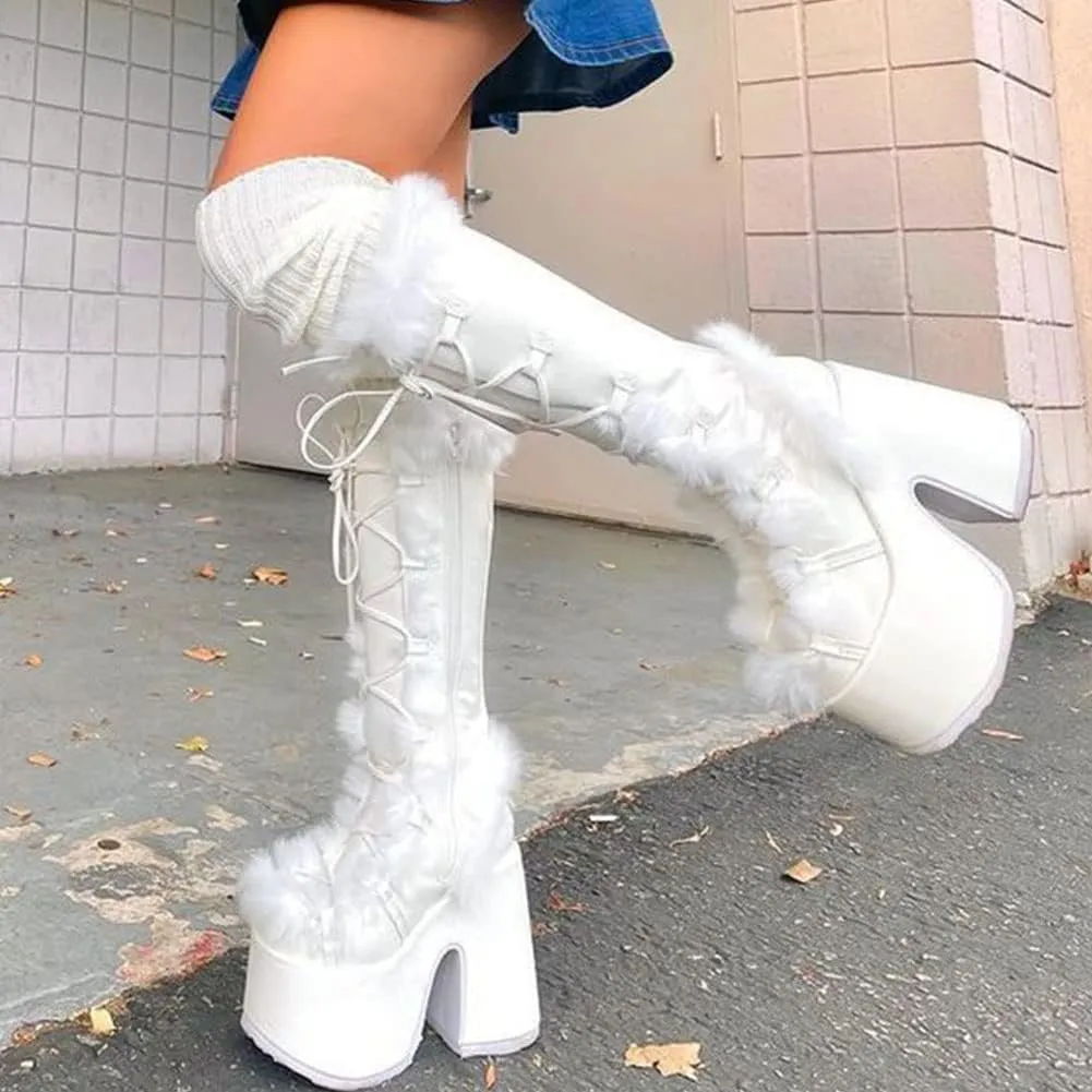 VIMISAOI Womens Mid Calf Boots, Lace Up Zip Block Chunky High Heel Punk Goth Warm Fur Winter Snow Platform Boots