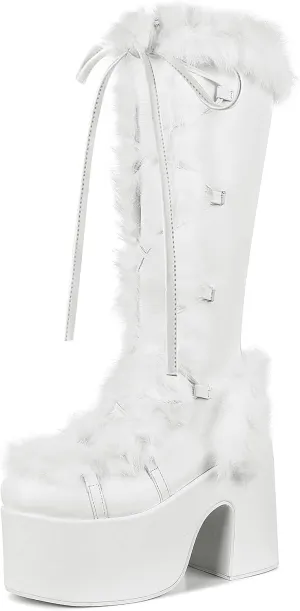 VIMISAOI Womens Mid Calf Boots, Lace Up Zip Block Chunky High Heel Punk Goth Warm Fur Winter Snow Platform Boots