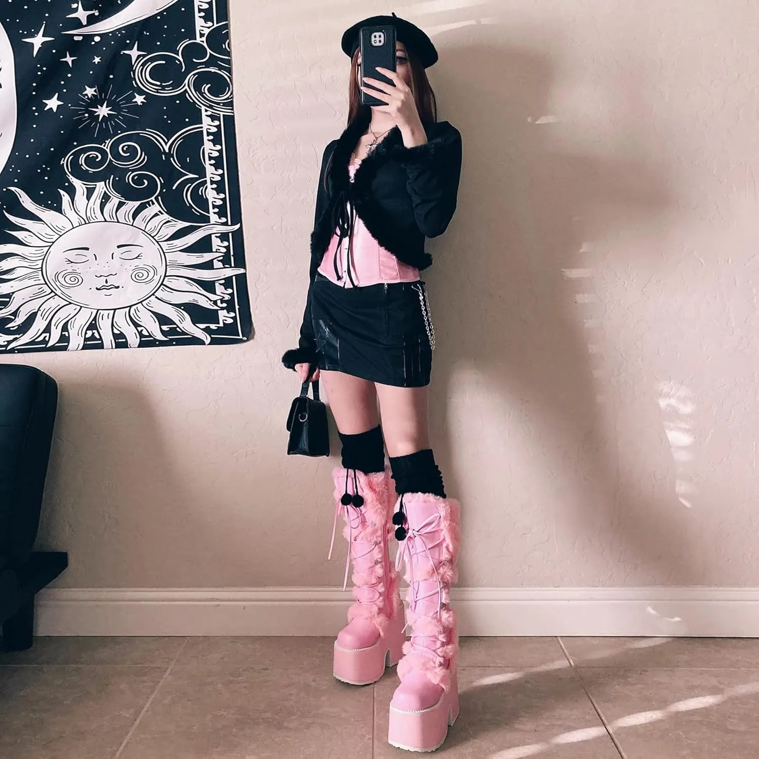 VIMISAOI Womens Mid Calf Boots, Lace Up Zip Block Chunky High Heel Punk Goth Warm Fur Winter Snow Platform Boots
