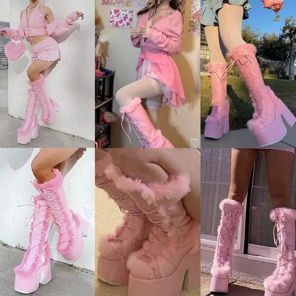 VIMISAOI Womens Mid Calf Boots, Lace Up Zip Block Chunky High Heel Punk Goth Warm Fur Winter Snow Platform Boots
