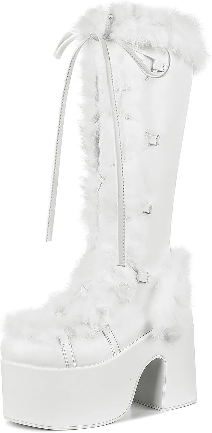 VIMISAOI Womens Mid Calf Boots, Lace Up Zip Block Chunky High Heel Punk Goth Warm Fur Winter Snow Platform Boots