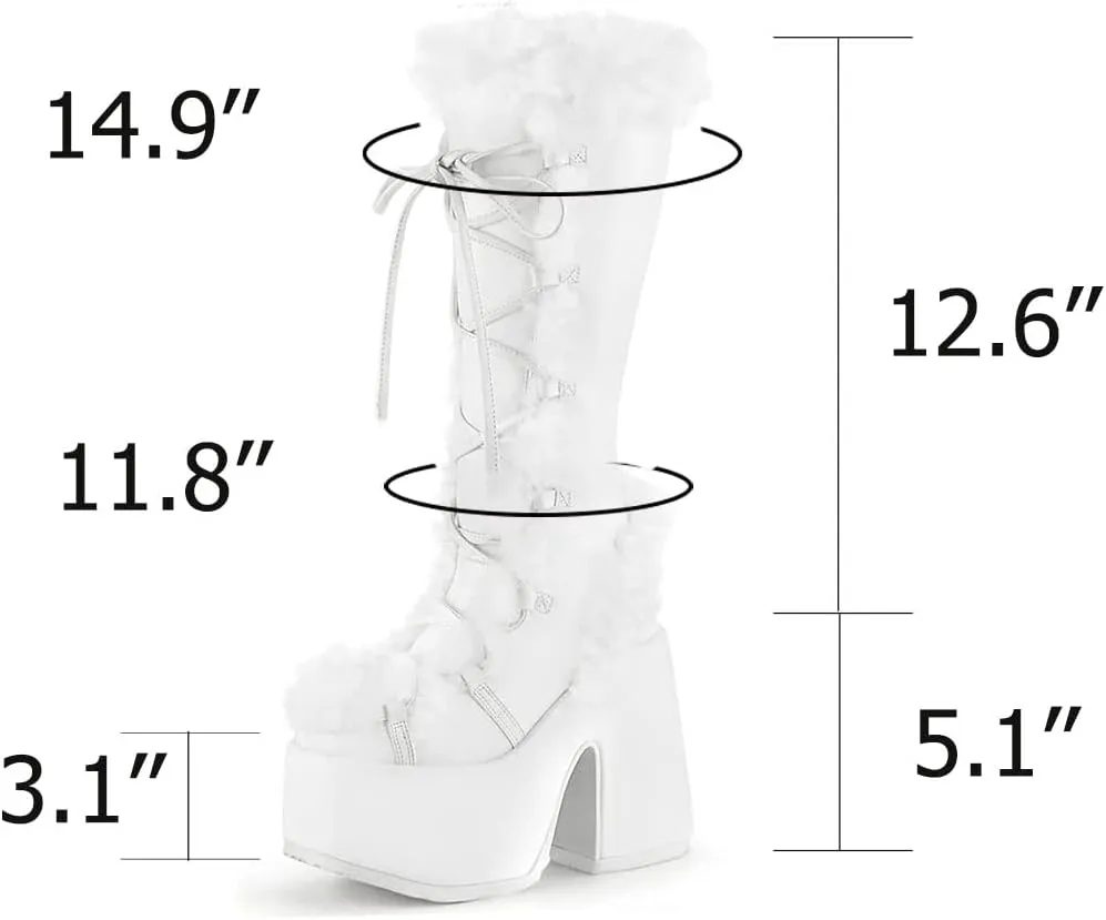 VIMISAOI Womens Mid Calf Boots, Lace Up Zip Block Chunky High Heel Punk Goth Warm Fur Winter Snow Platform Boots