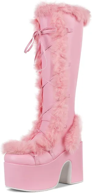 VIMISAOI Womens Mid Calf Boots, Lace Up Zip Block Chunky High Heel Punk Goth Warm Fur Winter Snow Platform Boots