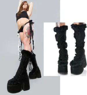 VIMISAOI Womens Mid Calf Boots, Lace Up Zip Block Chunky High Heel Punk Goth Warm Fur Winter Snow Platform Boots