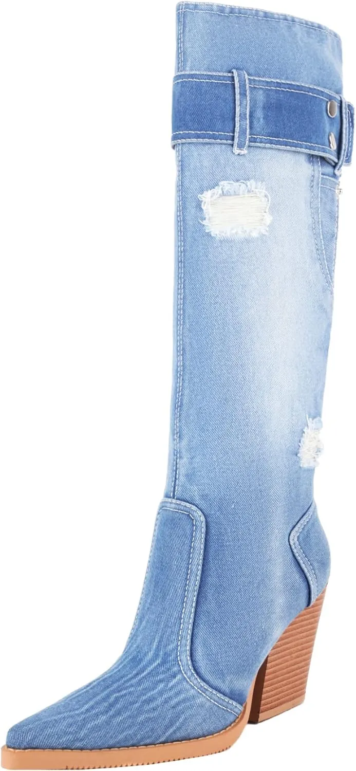 vivianly Women Denim Knee High Boots Pointy Toe Chunky Stacked Heel Cowgirl Boot