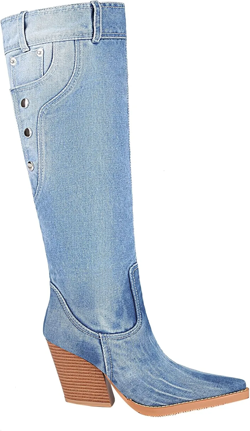 vivianly Women Denim Knee High Boots Pointy Toe Chunky Stacked Heel Cowgirl Boot