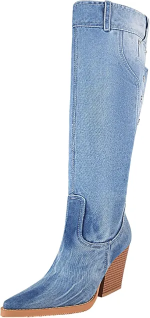 vivianly Women Denim Knee High Boots Pointy Toe Chunky Stacked Heel Cowgirl Boot