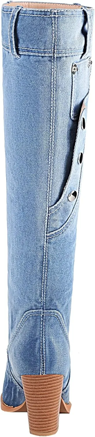 vivianly Women Denim Knee High Boots Pointy Toe Chunky Stacked Heel Cowgirl Boot