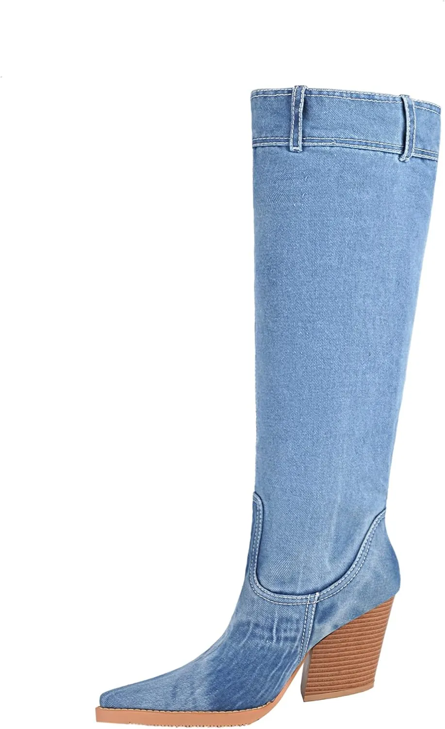 vivianly Women Denim Knee High Boots Pointy Toe Chunky Stacked Heel Cowgirl Boot