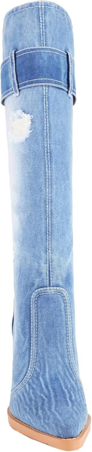 vivianly Women Denim Knee High Boots Pointy Toe Chunky Stacked Heel Cowgirl Boot