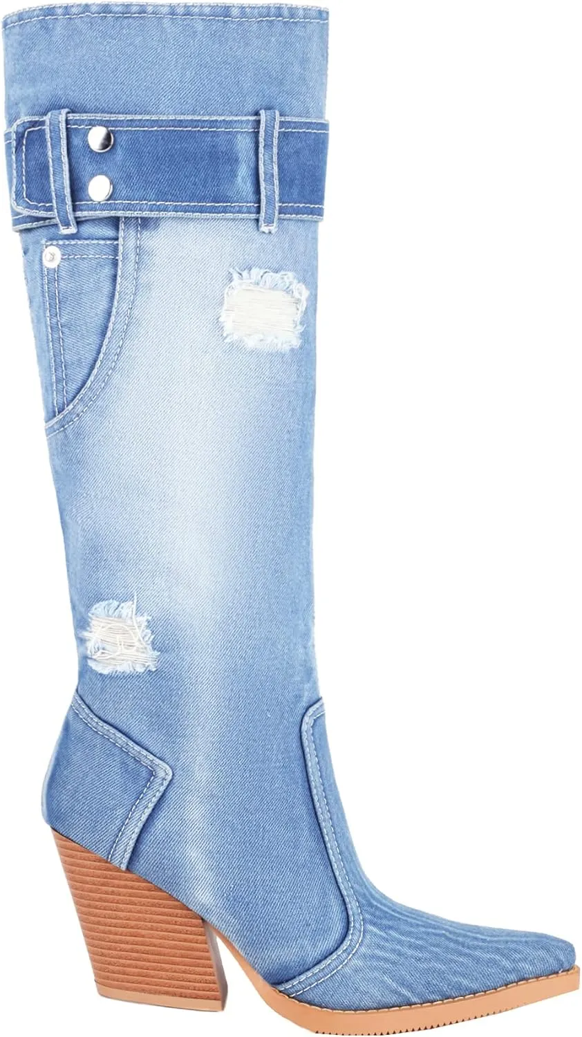 vivianly Women Denim Knee High Boots Pointy Toe Chunky Stacked Heel Cowgirl Boot