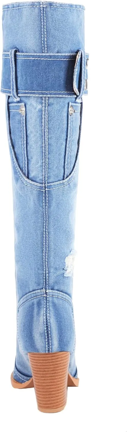 vivianly Women Denim Knee High Boots Pointy Toe Chunky Stacked Heel Cowgirl Boot