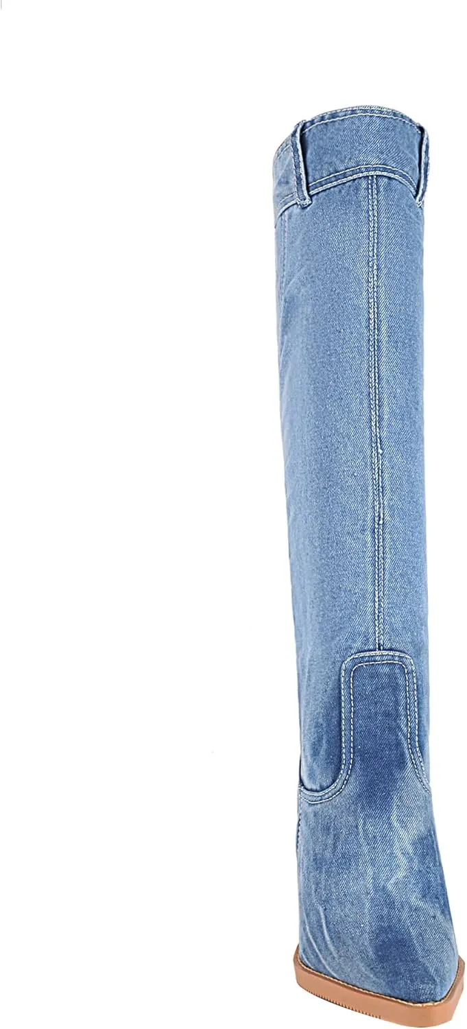 vivianly Women Denim Knee High Boots Pointy Toe Chunky Stacked Heel Cowgirl Boot