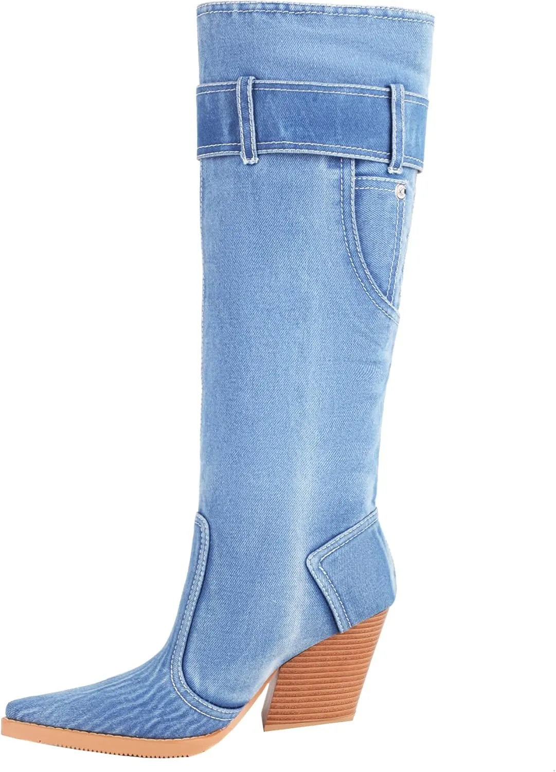 vivianly Women Denim Knee High Boots Pointy Toe Chunky Stacked Heel Cowgirl Boot
