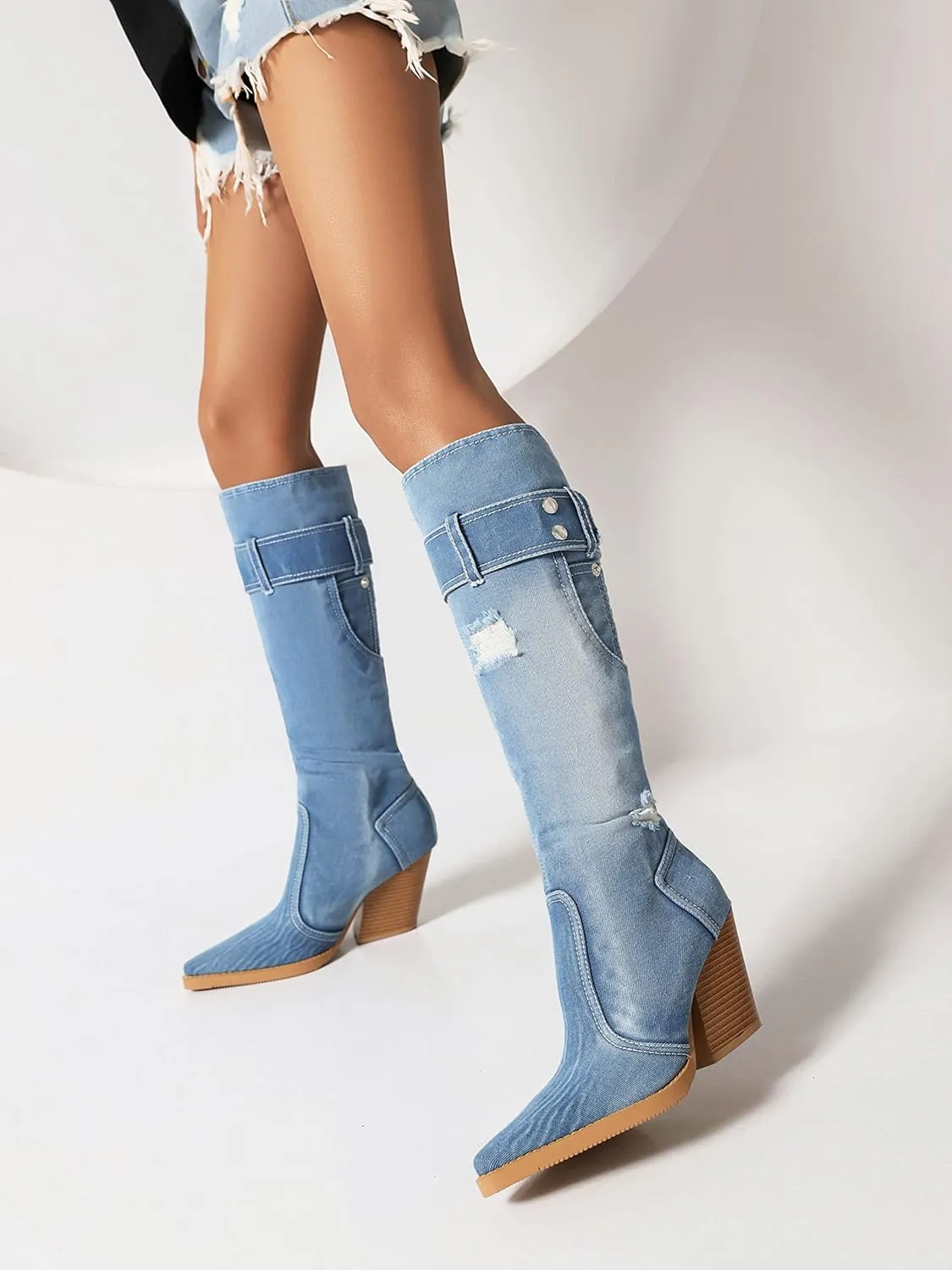 vivianly Women Denim Knee High Boots Pointy Toe Chunky Stacked Heel Cowgirl Boot