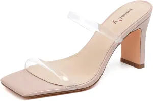 vivianly Womens Chunky Heels 3.15 Inch Square Toe Heeled Sandals Slip On Block Heels Sandals Two Strap Heeled Mules