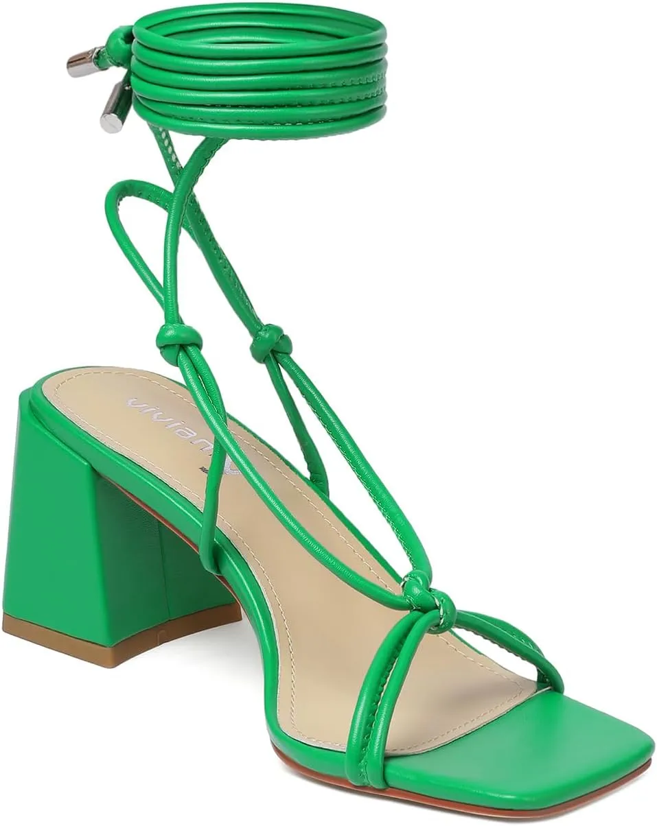 vivianly Women's Lace Up Chunky Heel Sandals Strappy Straps Ankle Wrap Heels