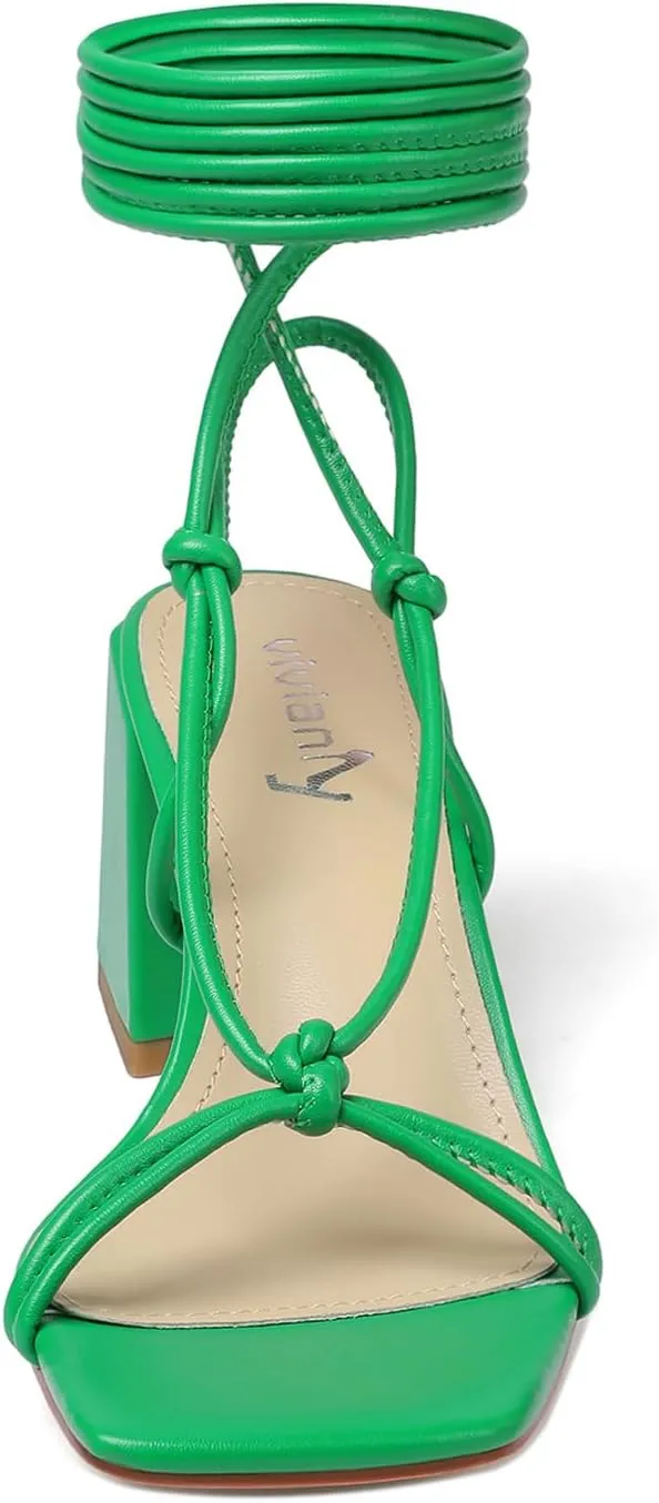 vivianly Women's Lace Up Chunky Heel Sandals Strappy Straps Ankle Wrap Heels