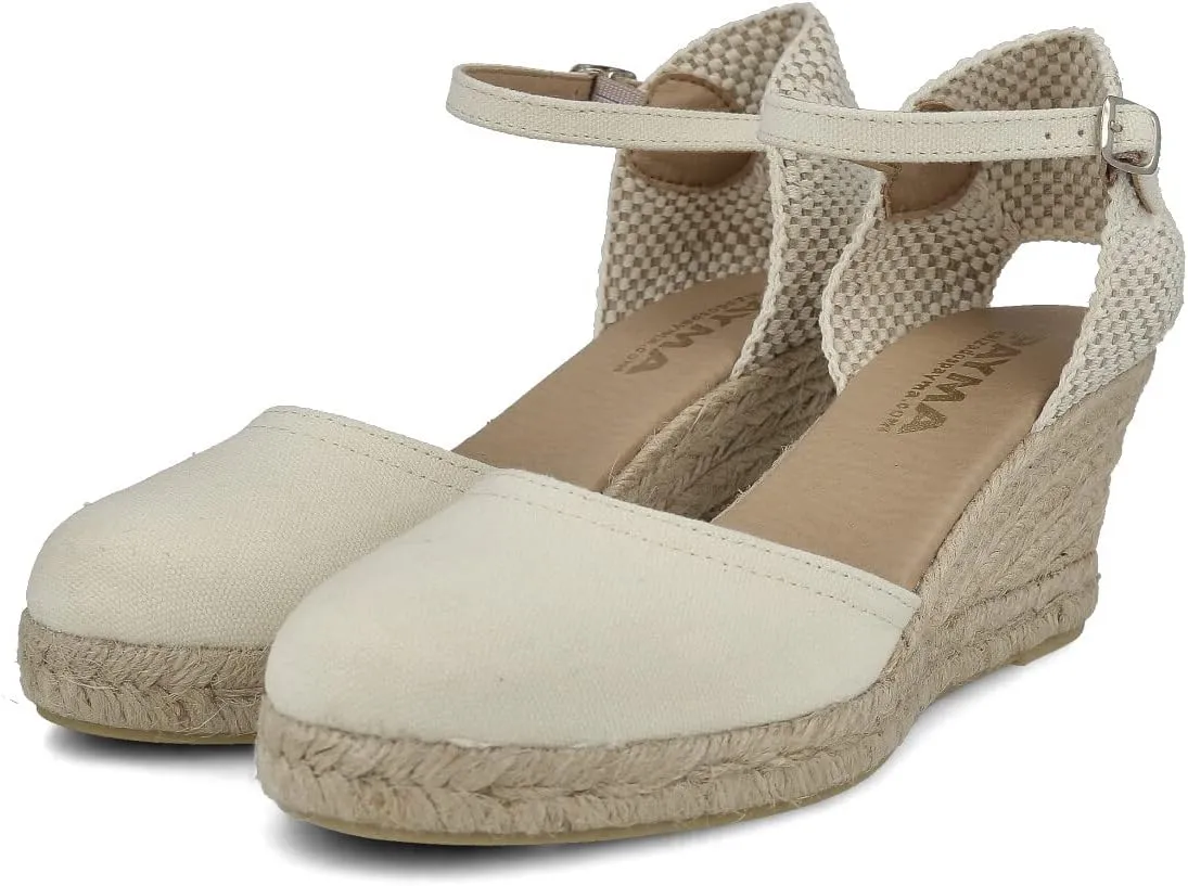 Wedge Sandals for Women. Made in Spain. Classic 5 Strings Height. Jute Espadrille with Buckle. Padded Fabric Insole. Rubber Outsole.