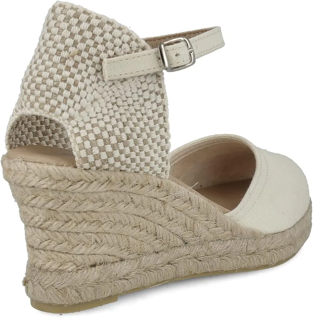 Wedge Sandals for Women. Made in Spain. Classic 5 Strings Height. Jute Espadrille with Buckle. Padded Fabric Insole. Rubber Outsole.