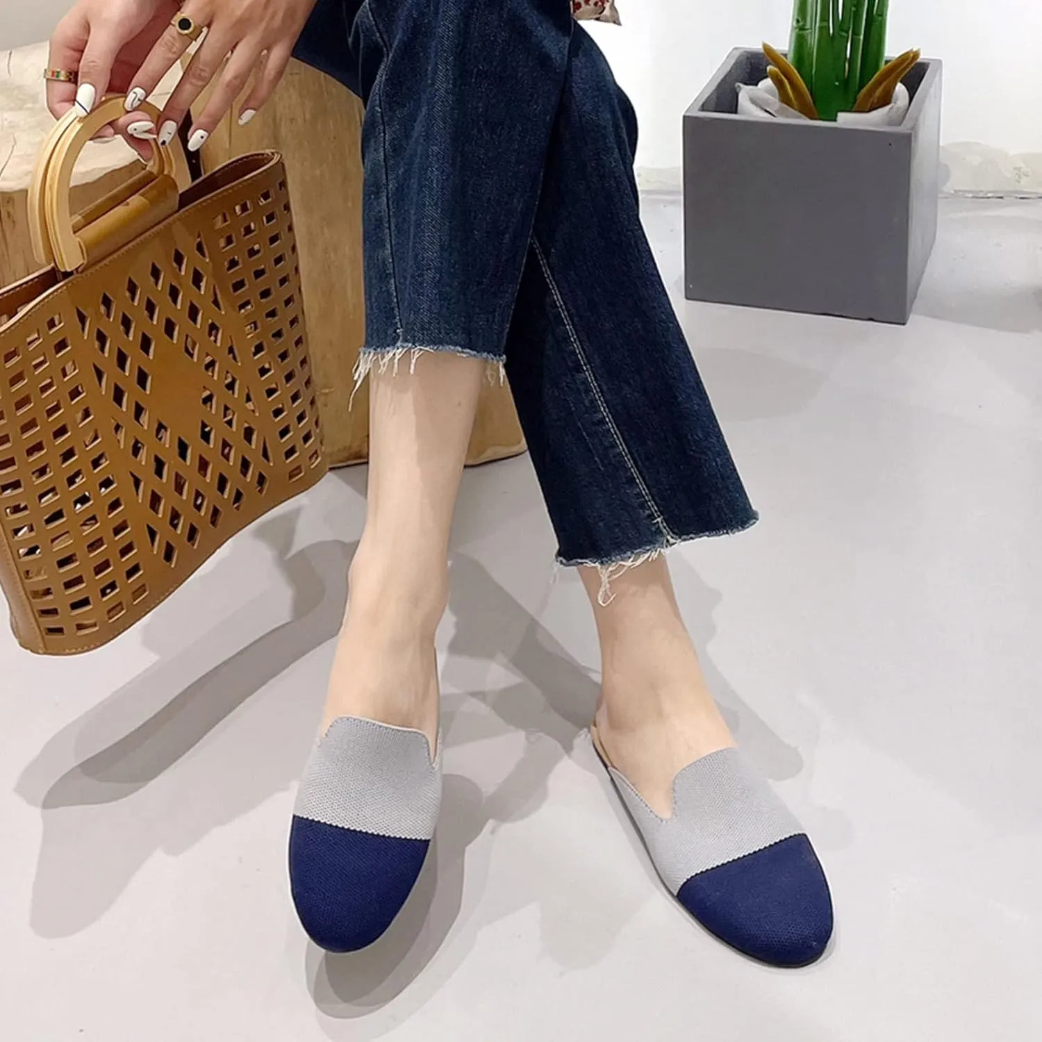 WENJIAZHIZHI Knit Mules House Slippers for Womens Cut-Out Slides Sandals Flats Dress Shoes Casual Slip-On Backless Loafers