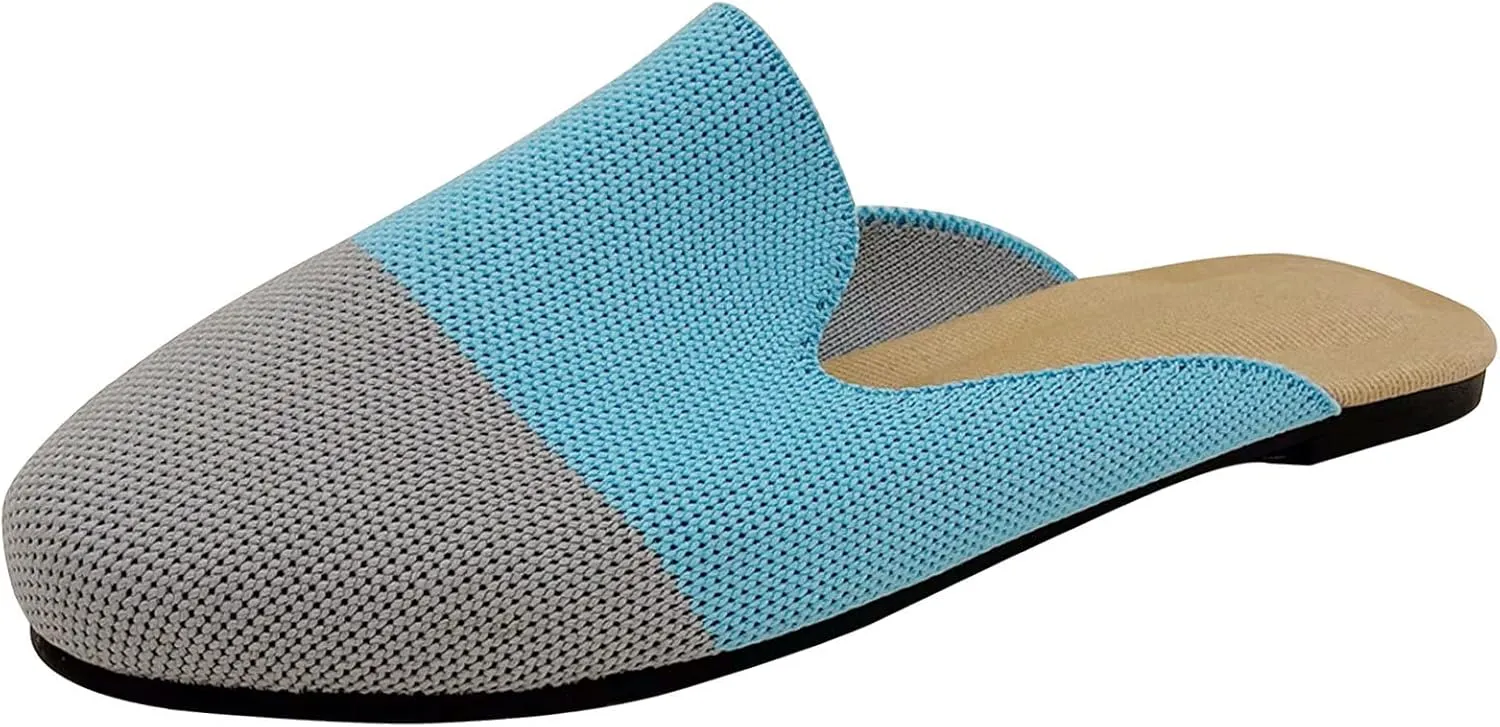 WENJIAZHIZHI Knit Mules House Slippers for Womens Cut-Out Slides Sandals Flats Dress Shoes Casual Slip-On Backless Loafers
