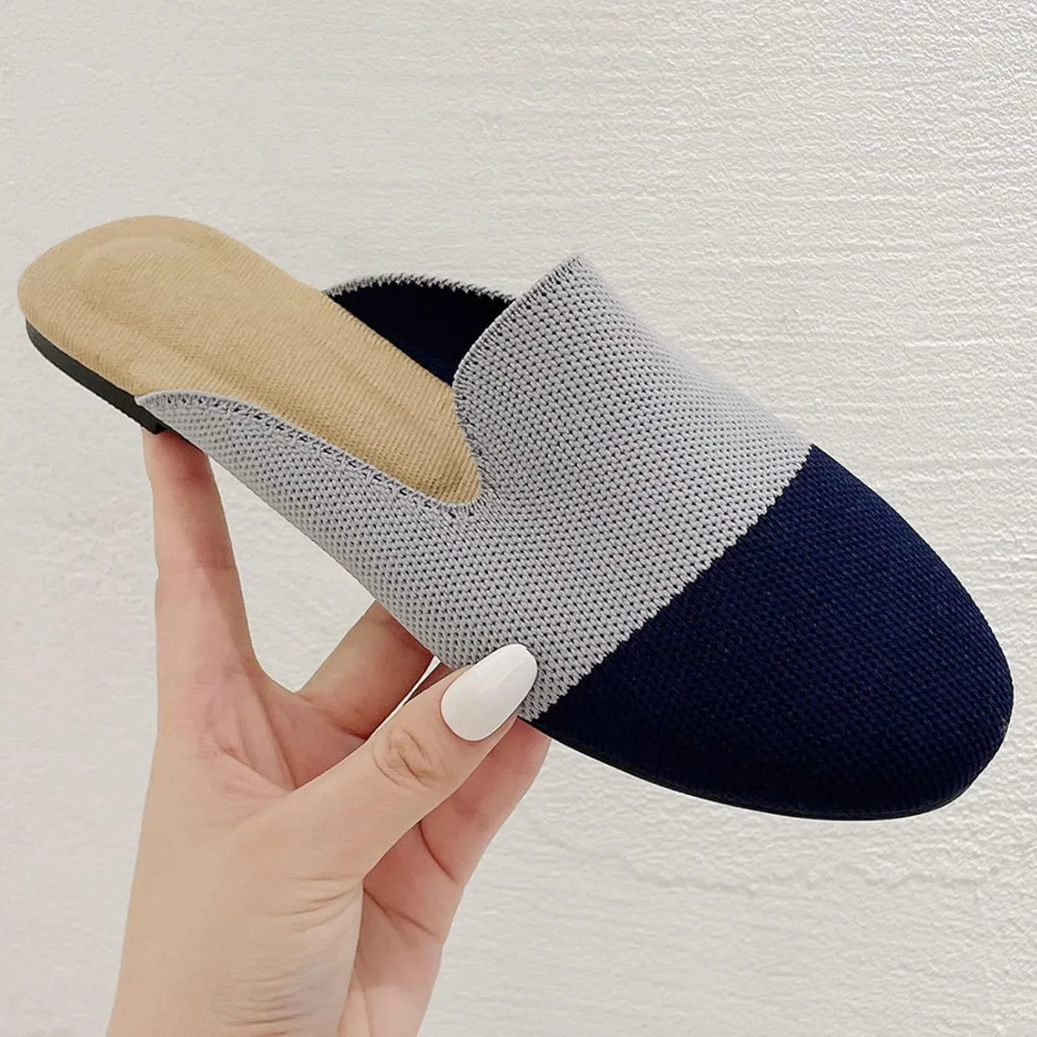 WENJIAZHIZHI Knit Mules House Slippers for Womens Cut-Out Slides Sandals Flats Dress Shoes Casual Slip-On Backless Loafers