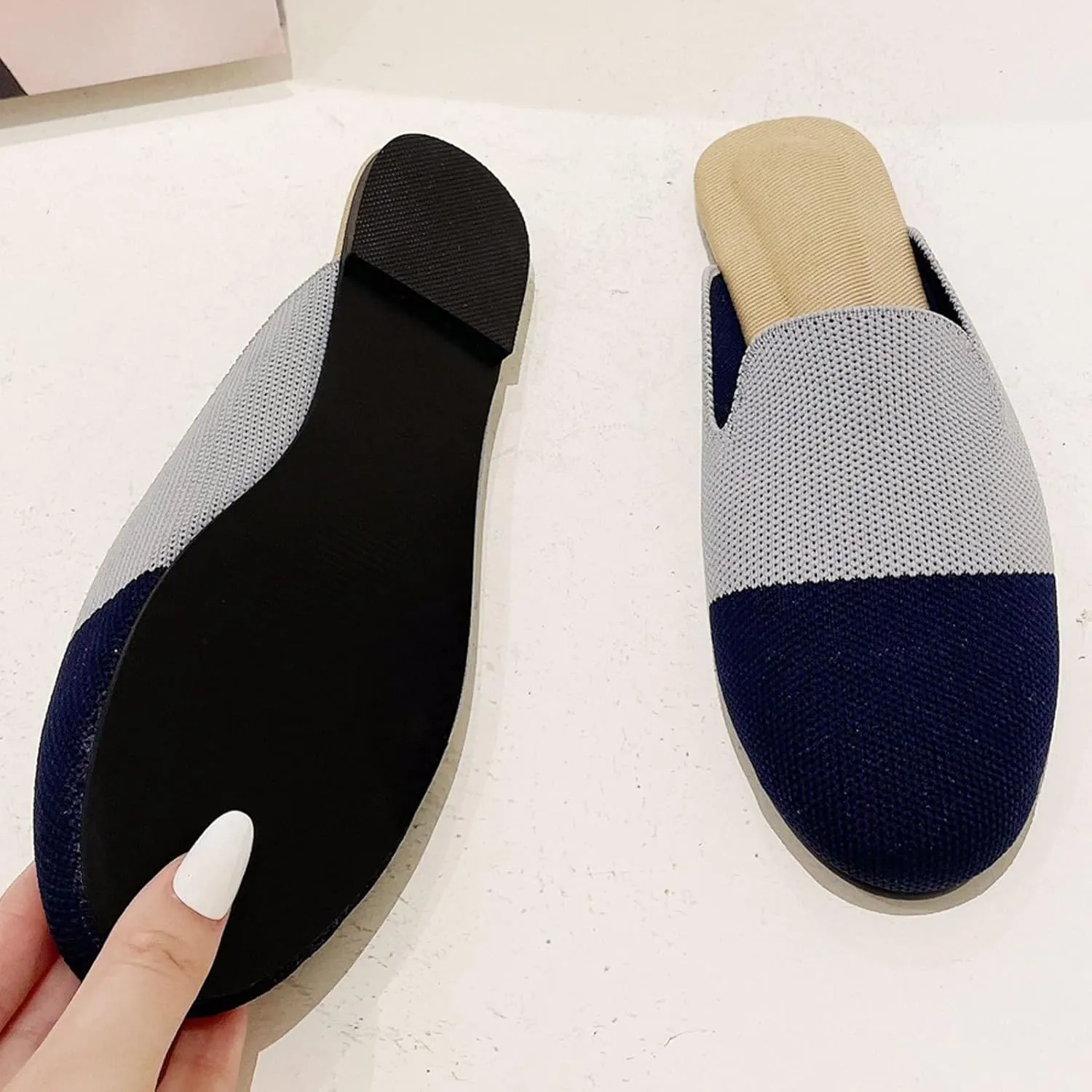 WENJIAZHIZHI Knit Mules House Slippers for Womens Cut-Out Slides Sandals Flats Dress Shoes Casual Slip-On Backless Loafers