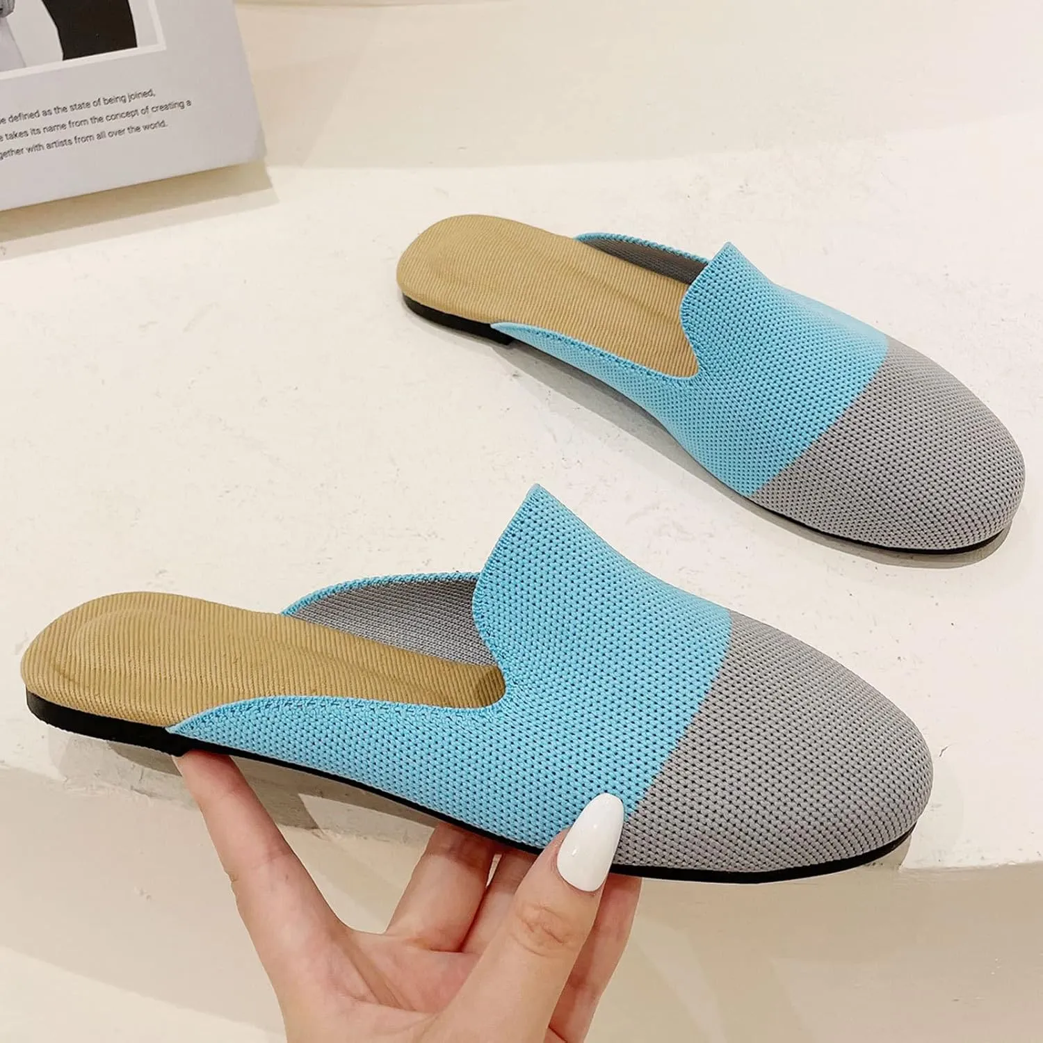 WENJIAZHIZHI Knit Mules House Slippers for Womens Cut-Out Slides Sandals Flats Dress Shoes Casual Slip-On Backless Loafers