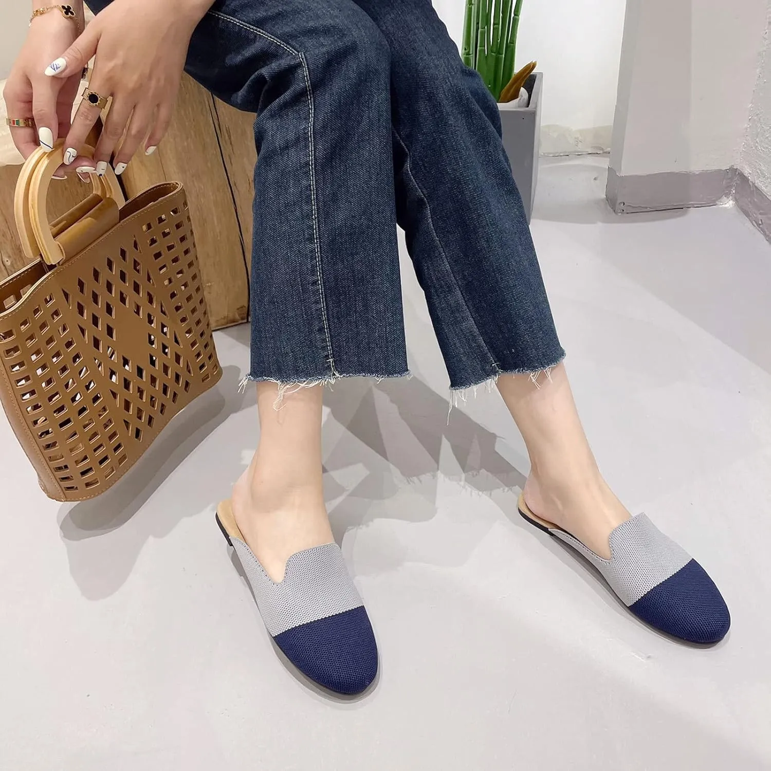 WENJIAZHIZHI Knit Mules House Slippers for Womens Cut-Out Slides Sandals Flats Dress Shoes Casual Slip-On Backless Loafers