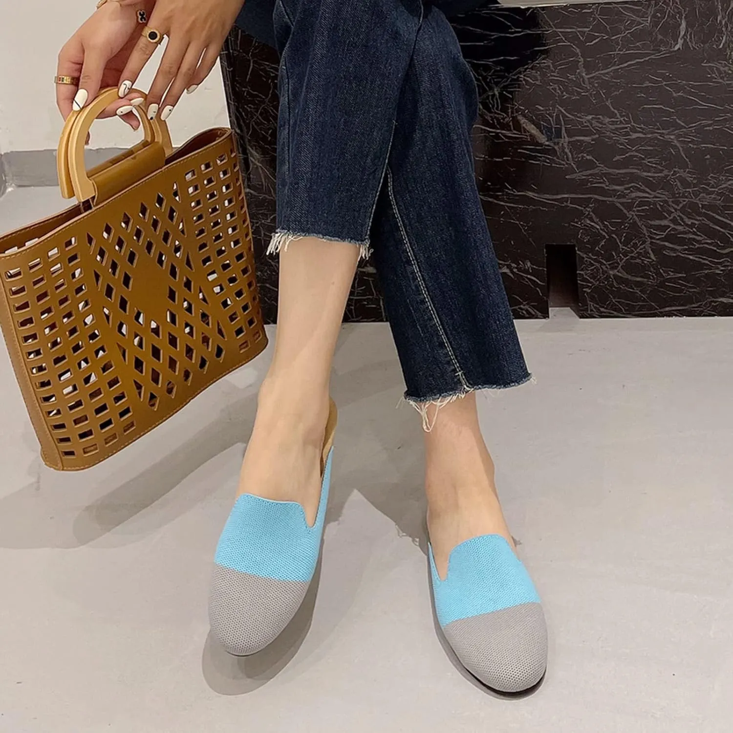 WENJIAZHIZHI Knit Mules House Slippers for Womens Cut-Out Slides Sandals Flats Dress Shoes Casual Slip-On Backless Loafers