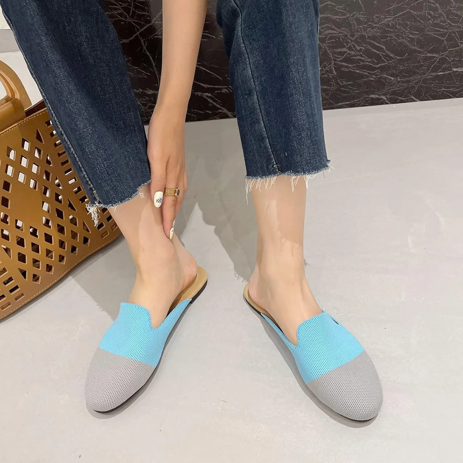 WENJIAZHIZHI Knit Mules House Slippers for Womens Cut-Out Slides Sandals Flats Dress Shoes Casual Slip-On Backless Loafers