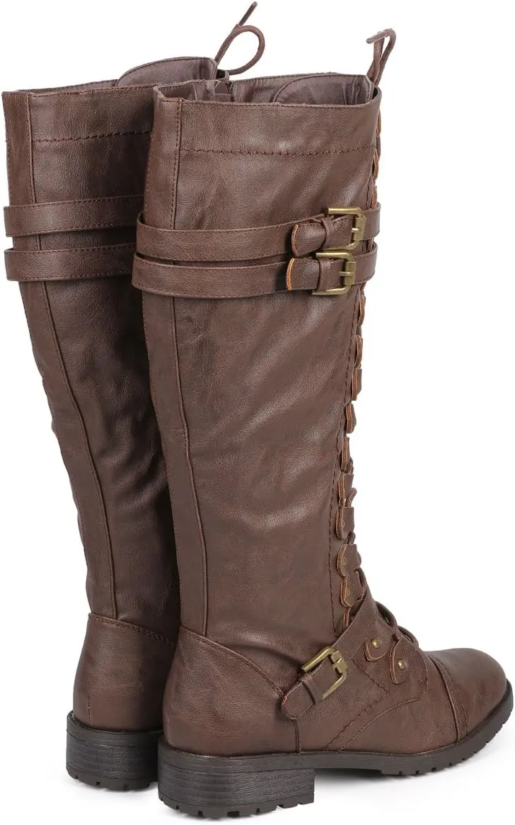 WEST COAST Women's Knee High Riding Boots Lace Up Buckles Winter Combat Boots