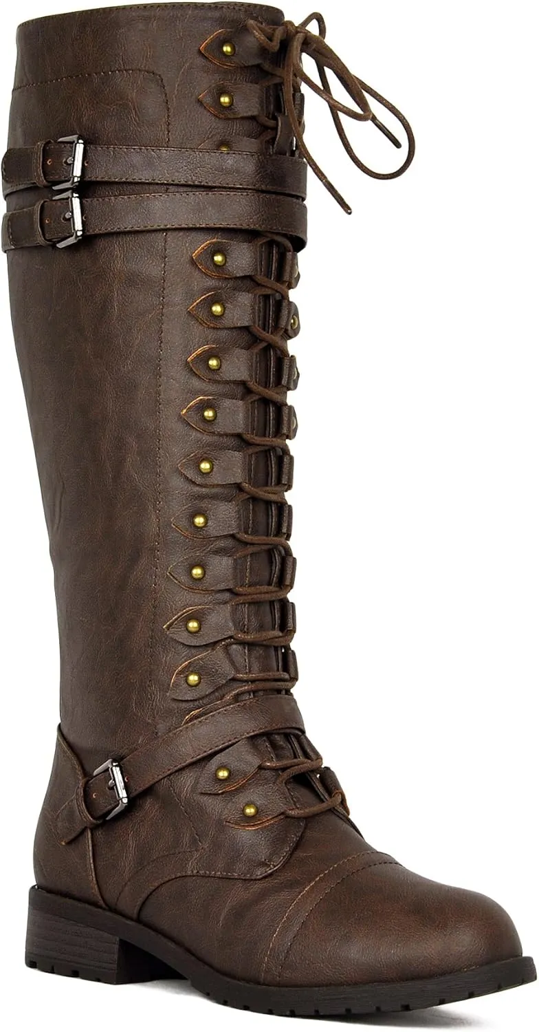 WEST COAST Women's Knee High Riding Boots Lace Up Buckles Winter Combat Boots