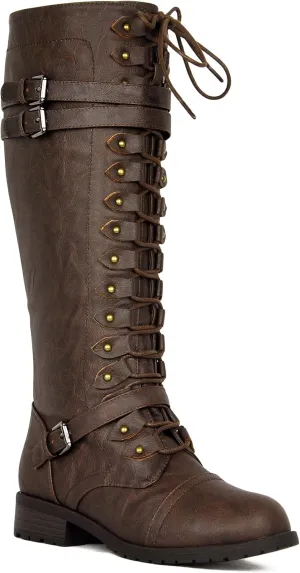 WEST COAST Women's Knee High Riding Boots Lace Up Buckles Winter Combat Boots