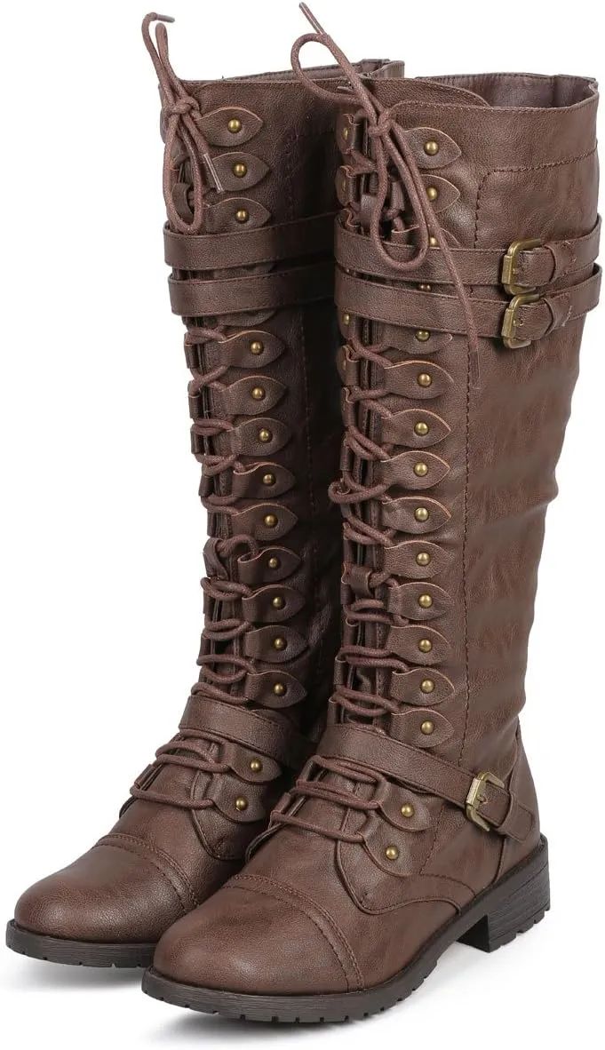 WEST COAST Women's Knee High Riding Boots Lace Up Buckles Winter Combat Boots