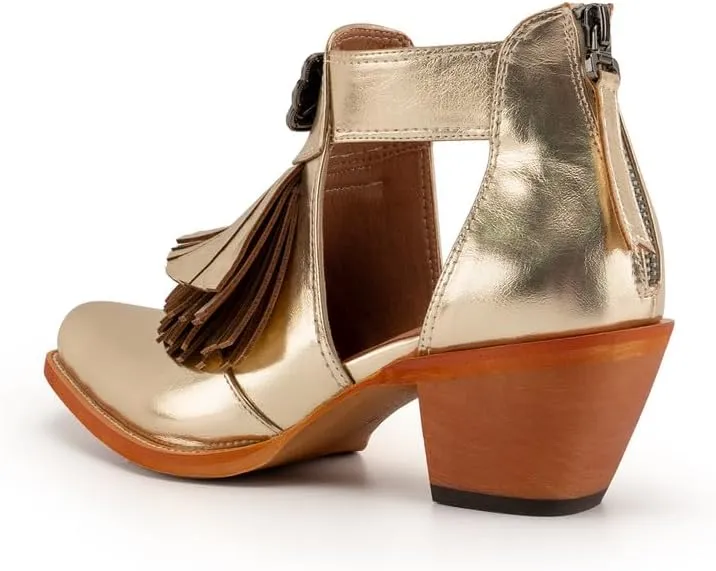 WIRALOMI Women's Gold Western Cowboy Boots with Fringe, Pointed Toe, Zipper Closure, Ankle-High, All-Season, Casual Wear, Country Fashion, Western Lifestyle