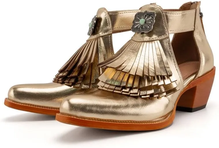 WIRALOMI Women's Gold Western Cowboy Boots with Fringe, Pointed Toe, Zipper Closure, Ankle-High, All-Season, Casual Wear, Country Fashion, Western Lifestyle