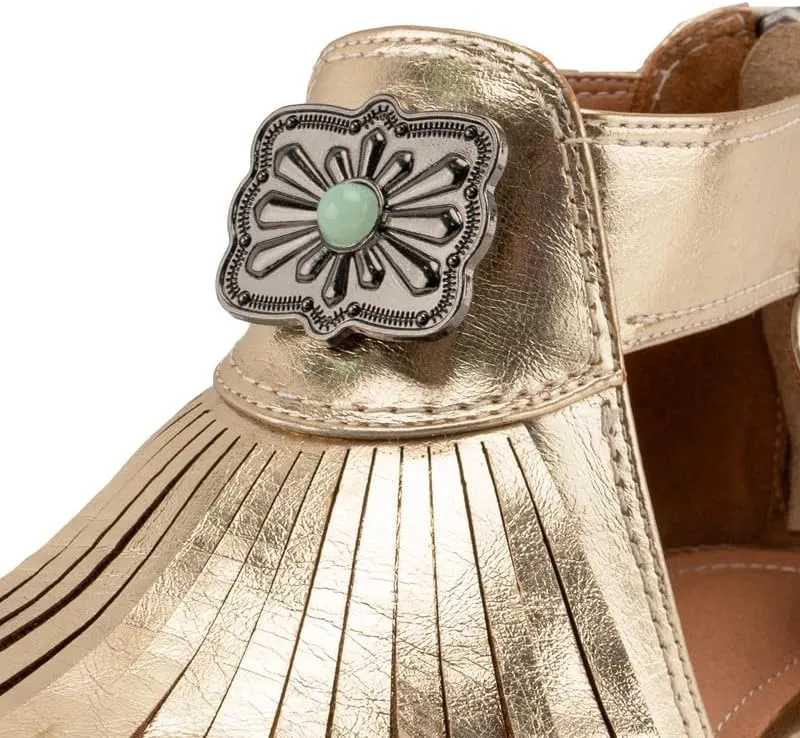 WIRALOMI Women's Gold Western Cowboy Boots with Fringe, Pointed Toe, Zipper Closure, Ankle-High, All-Season, Casual Wear, Country Fashion, Western Lifestyle